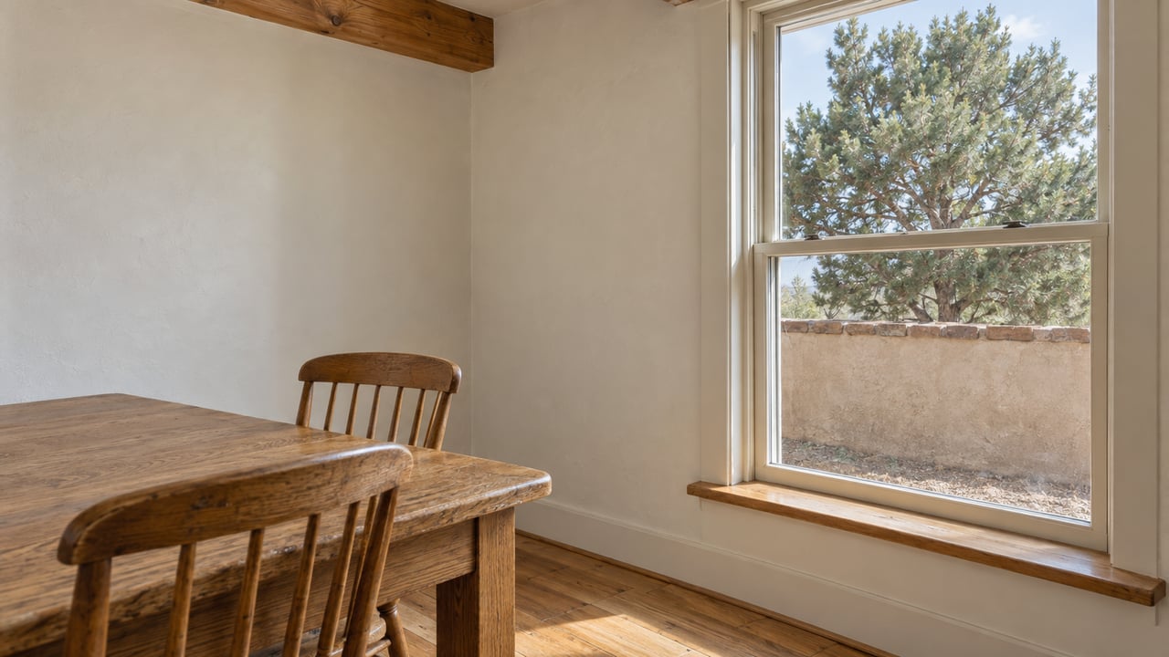 Daylit dining alcove with an oak table and two chairs, cream plaster walls, pine ceiling timber, and a closed wood-framed window overlooking a stone-capped stucco wall and pinyon pine.