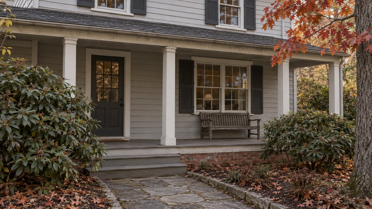 Pale clapboard cottage porch with gray wooden steps, a sandstone approach, rhododendrons and red oak leaves in soft autumn daylight.