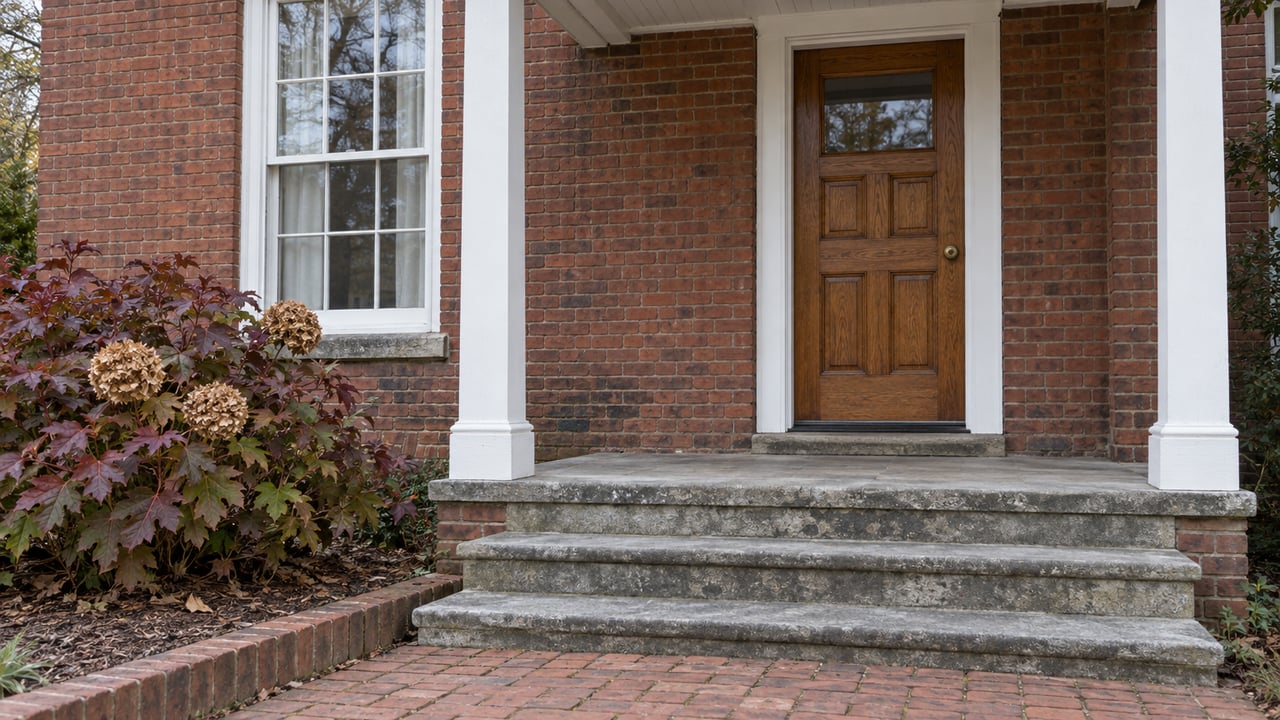 An older red-brick home's covered oak doorway and white sash window above worn limestone steps, beside burgundy oakleaf hydrangea.