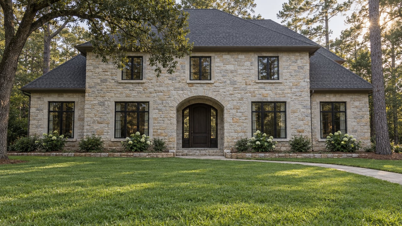 A limestone home with a recessed arched entry, dark-framed windows and deep front lawn beneath mature pines.