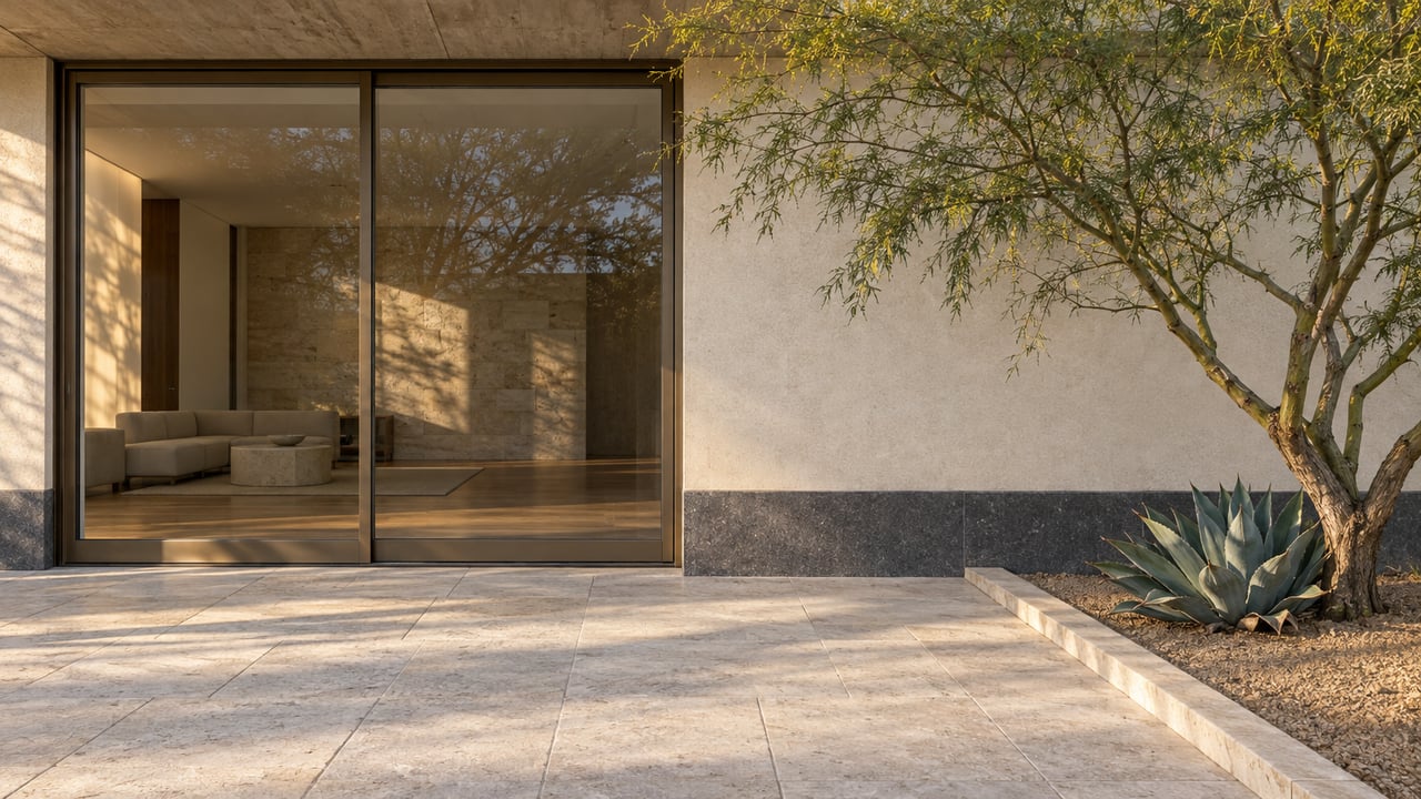 Contemporary residence with a bronze-framed glass door, pale stone paving, and a sculptural desert tree.