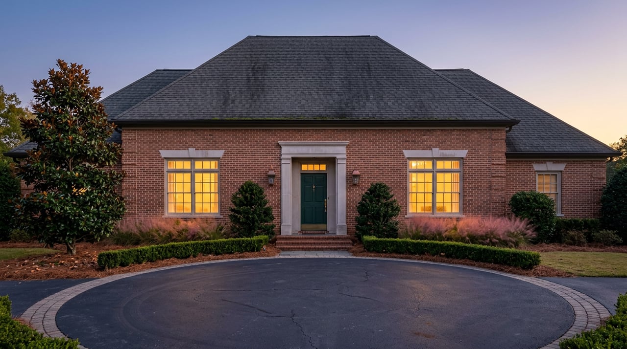 Two-story brick estate with glowing windows, a circular motor court, and a gabled roof against the dusk sky.
