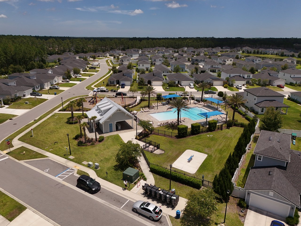 Aerial view of homes surrounding a community pool and playground.