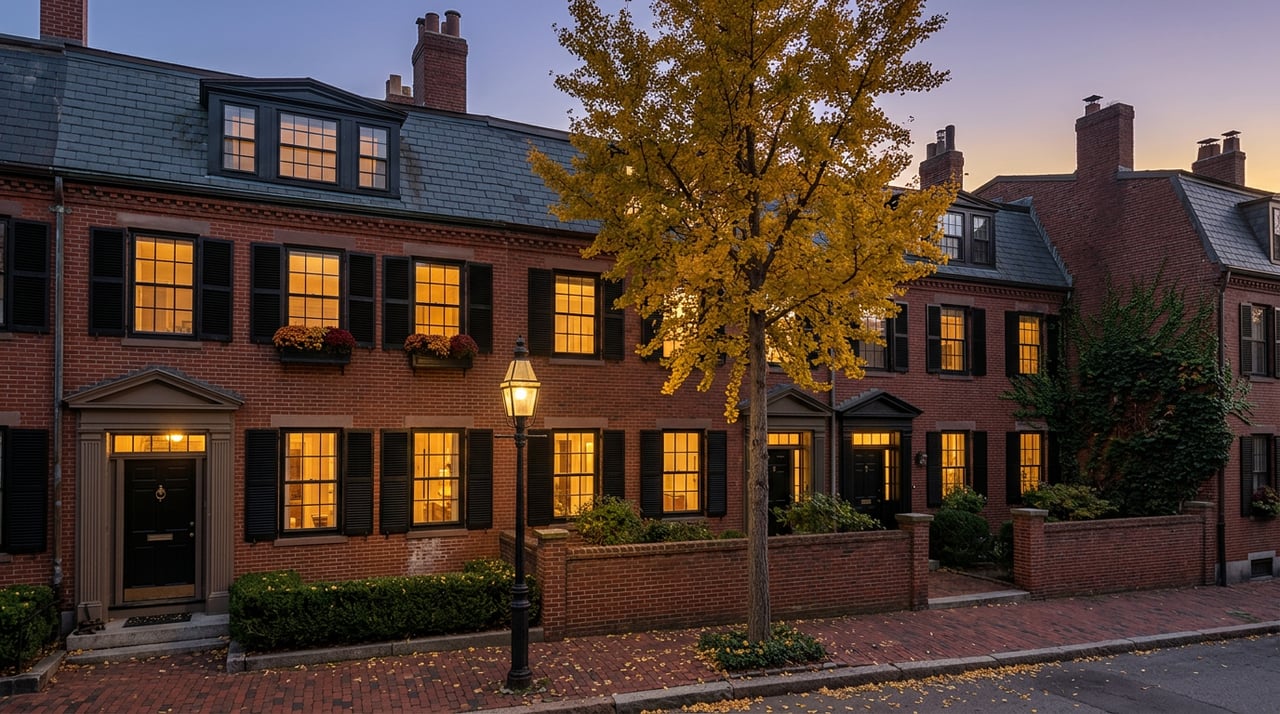 Three brick townhouses at dusk, their glowing windows framed by golden ginkgo leaves and black shutters.