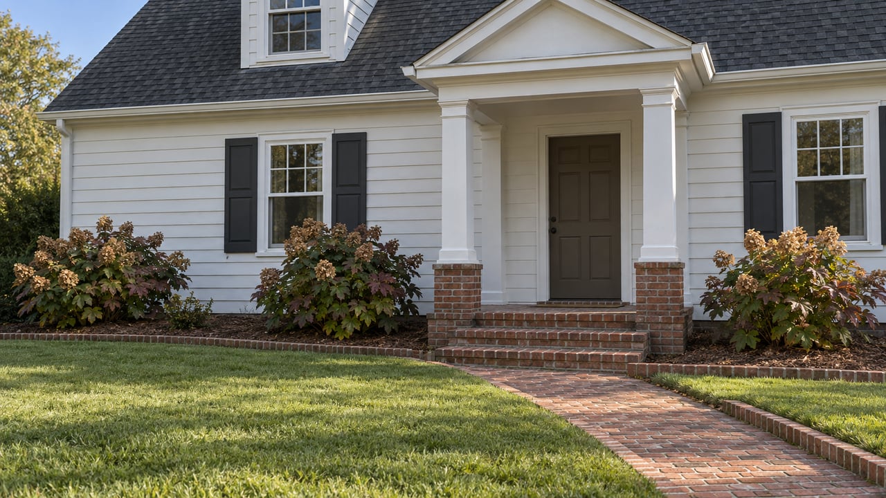 White lap-sided home with a steep shingle roof, dormer, paired-column entry and red brick approach across an established lawn.