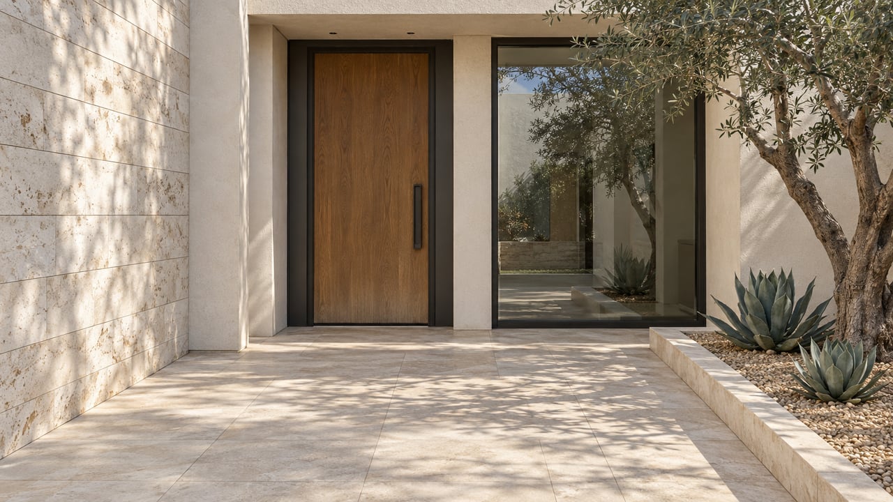 Sunlit courtyard entrance with an oak door, limestone paving, ivory stucco, a sculptural olive tree and two agaves.