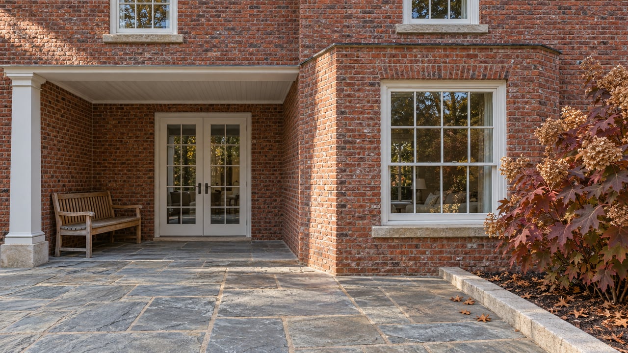 Red brick home with white-trimmed windows, closed glass terrace doors, a weathered teak bench and a flagstone terrace beside autumn oakleaf hydrangea.