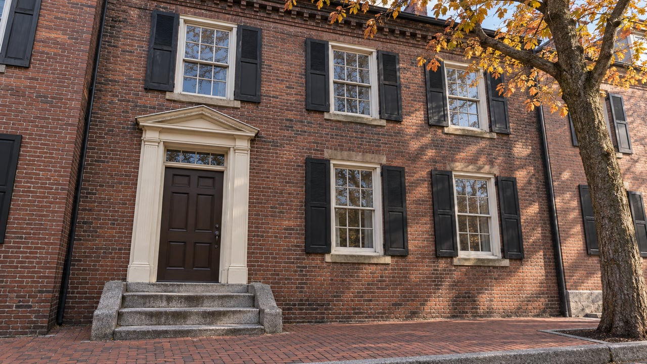 Sunlit red-brick townhouse with multi-pane windows, black shutters, a cream door surround, and worn granite entrance steps beneath copper-yellow maple leaves.