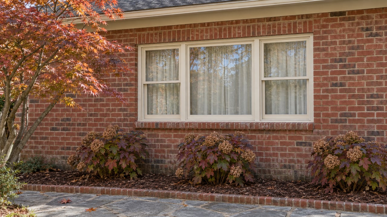 Warm brick home with an ivory-framed window, autumn Japanese maple, oakleaf hydrangeas, and a weathered stone garden walk.