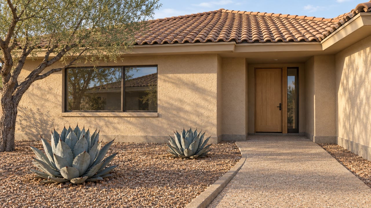 Earth-toned single-story home with clay-colored roof tiles, sand stucco, bronze window frames and sculptural desert planting.