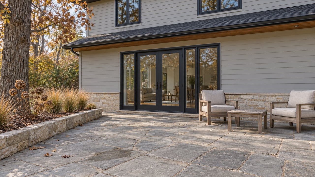 Limestone terrace with two teak chairs beside a pale-sided home, framed by a mature oak and autumn planting.