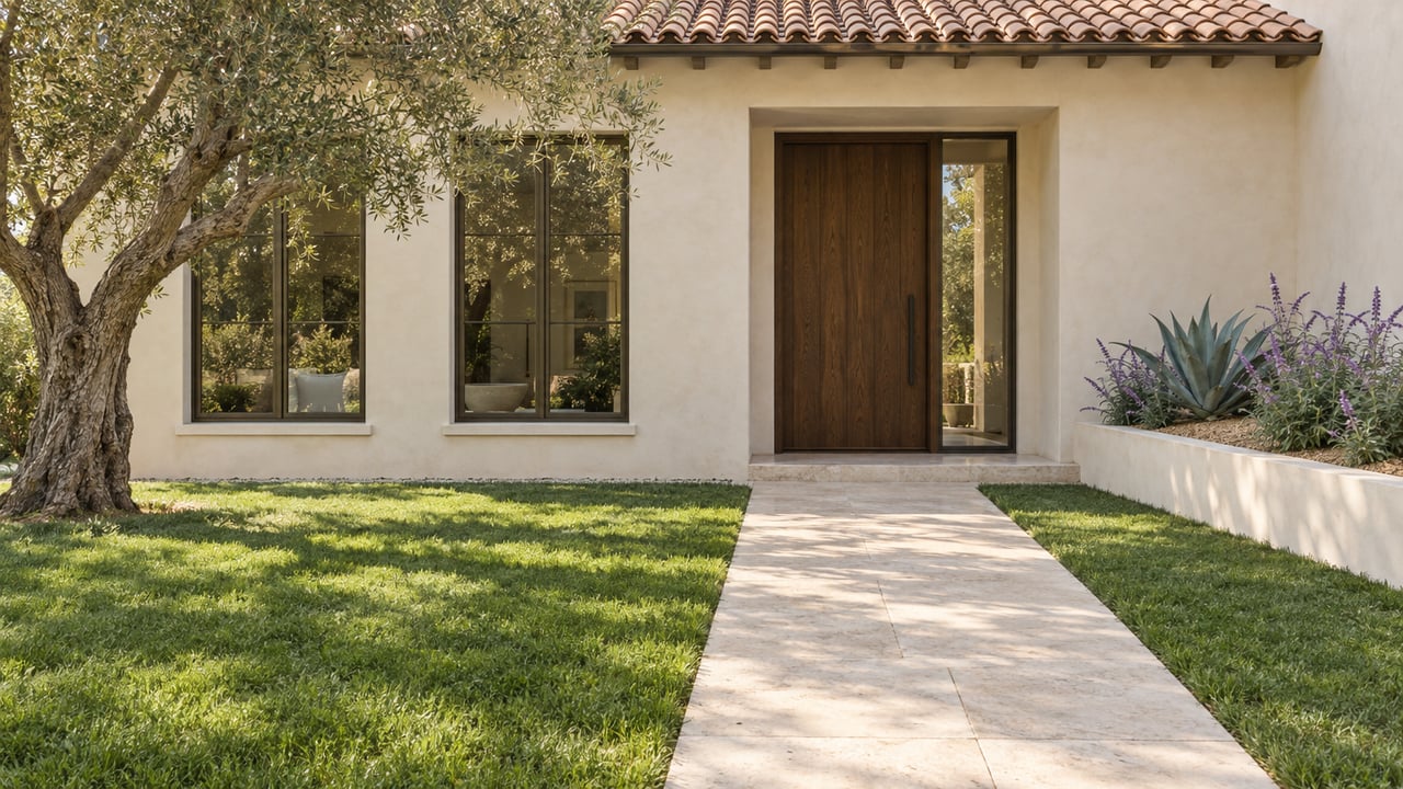 Mediterranean house with a recessed oak entry, limestone path across a broad lawn, and olive tree at left.