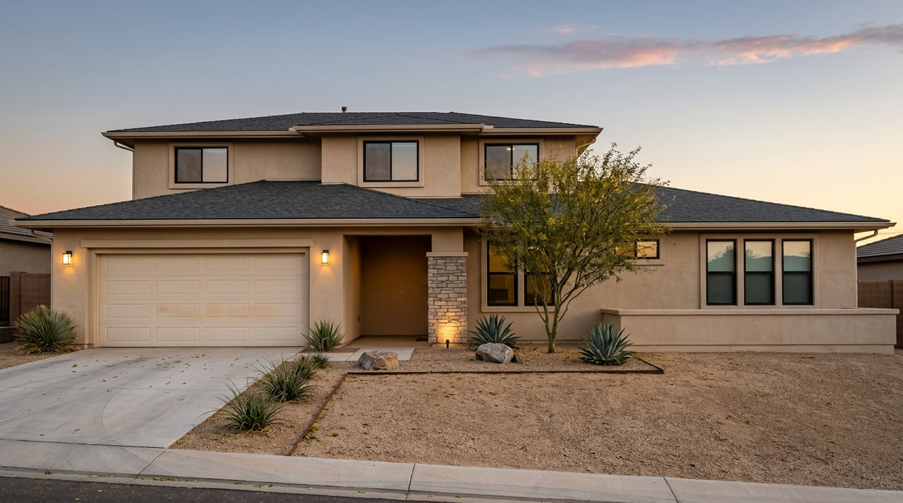 Stucco home at dusk with glowing entry sconces, a stacked-stone pier, and gravel landscaping.