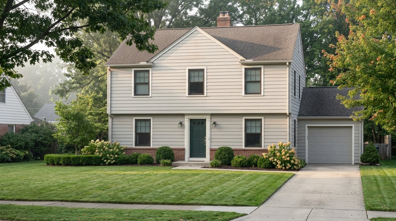 Two-story gray colonial with a green front door, red-brown brick base, and dew on the lawn.