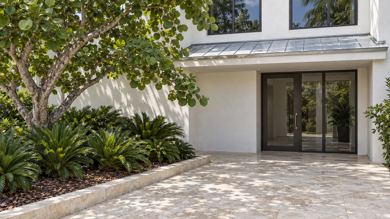 Sunlit pale-stucco condominium entrance with limestone paving, bronze-framed glass and a mature sea grape tree above a raised garden bed.