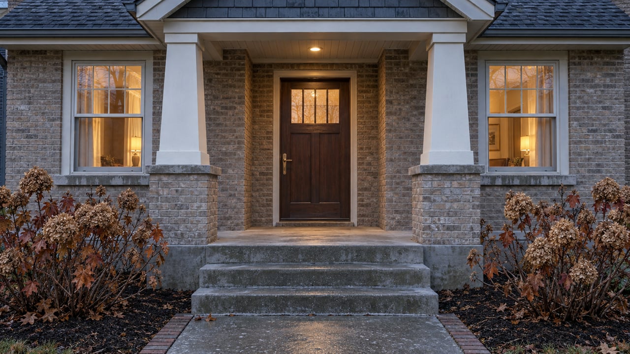 A brick home's covered entry at dusk, with a walnut door, softly glowing windows and dried oakleaf hydrangea beside concrete steps.