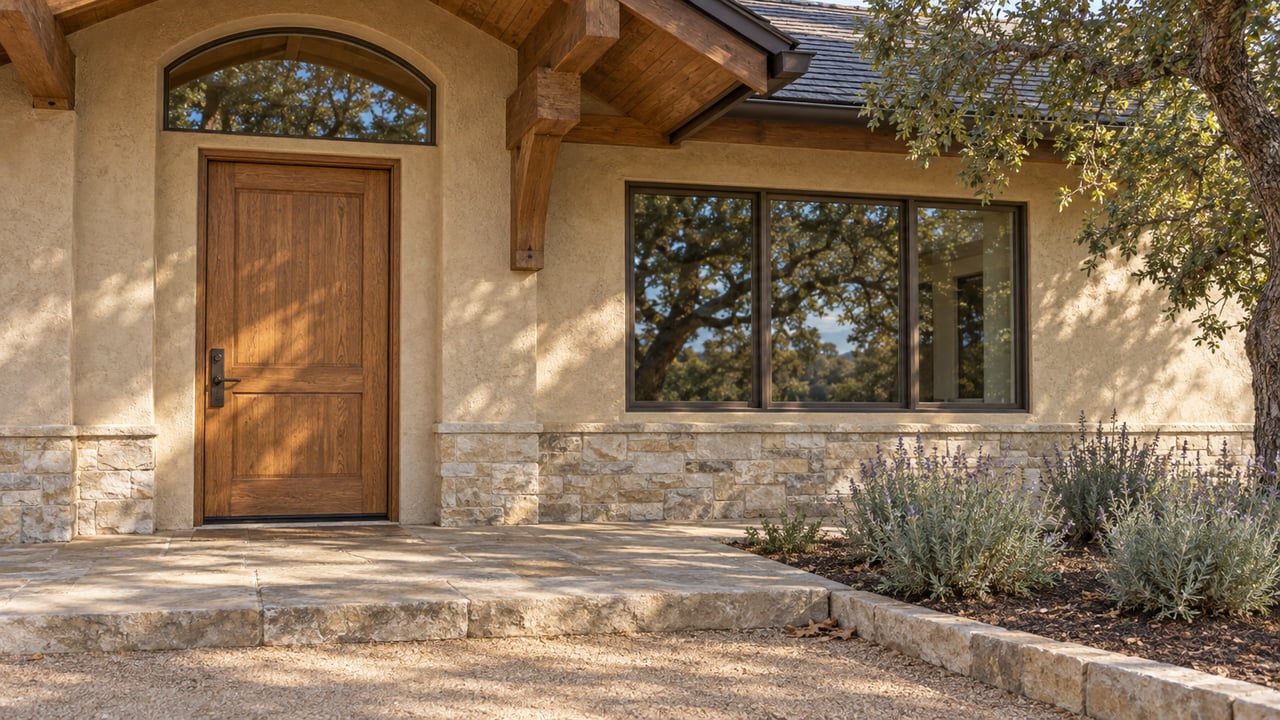 Warm stucco home entrance with an oak door, arched transom, broad window and sandstone landing beside a mature oak and silver-leaved sage.