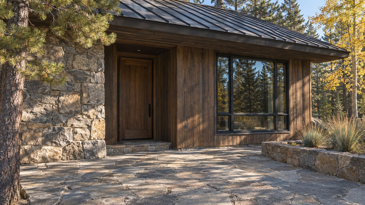Mountain home entry with a recessed timber door, stone walls, black-framed window, and broad stone terrace.