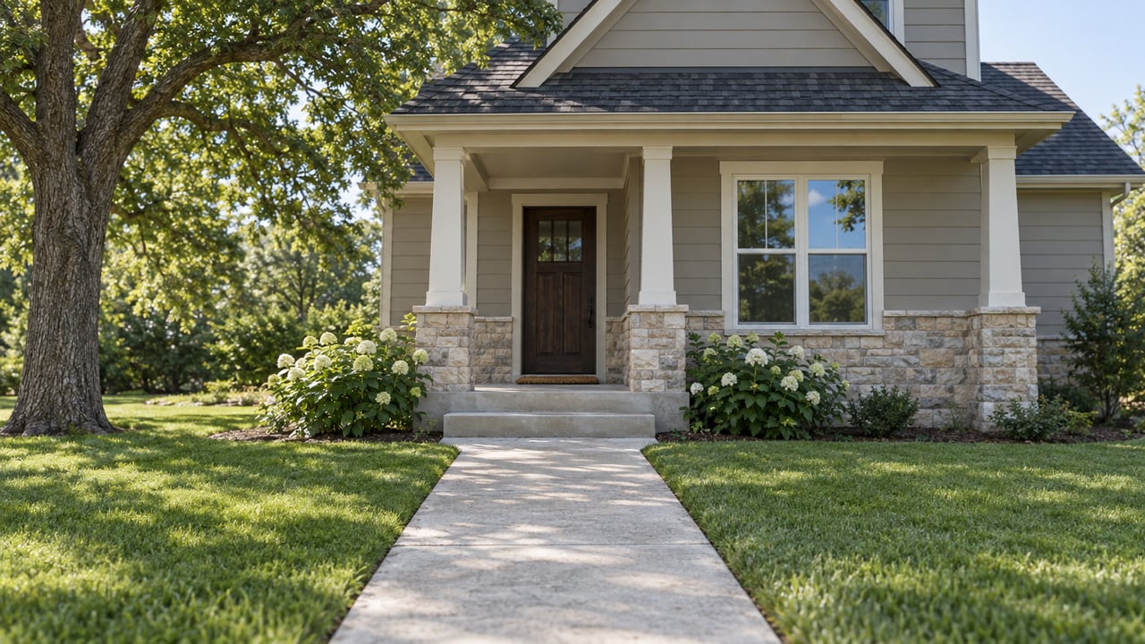 Two-story house with a dark gable, timber door, limestone base, concrete approach, and broad lawn