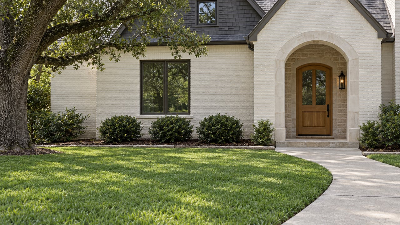 Cream brick home with a limestone arched entry, warm wood door, dark windows and a deep lawn beneath a mature live oak.