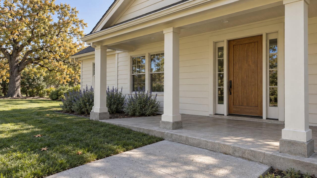 Morning light across an ivory-sided home's covered porch, oak front door and concrete steps beside a broad lawn and mature oak.