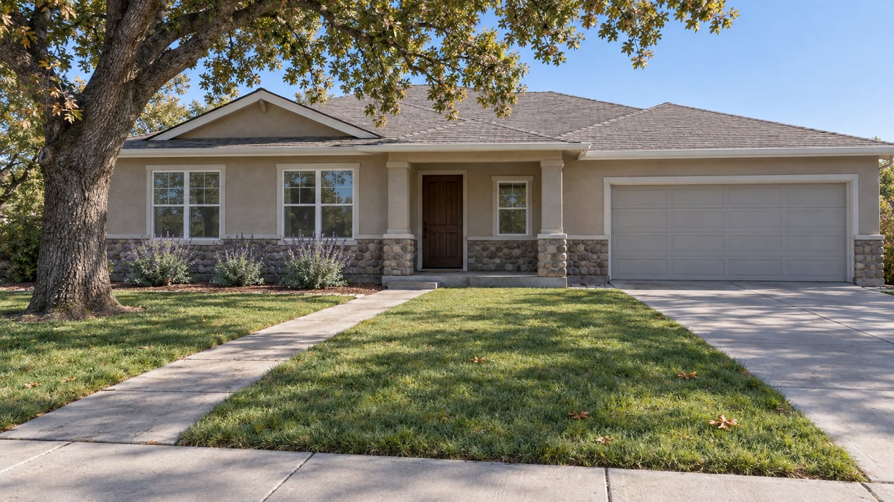 Single-story greige stucco home with stone wainscot, a deep front lawn, and a mature oak in clear late-morning light.