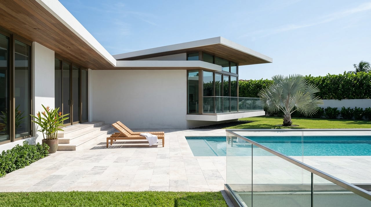 Modern home overlooks a turquoise pool, with stucco walls, glass windows, and a fan palm.