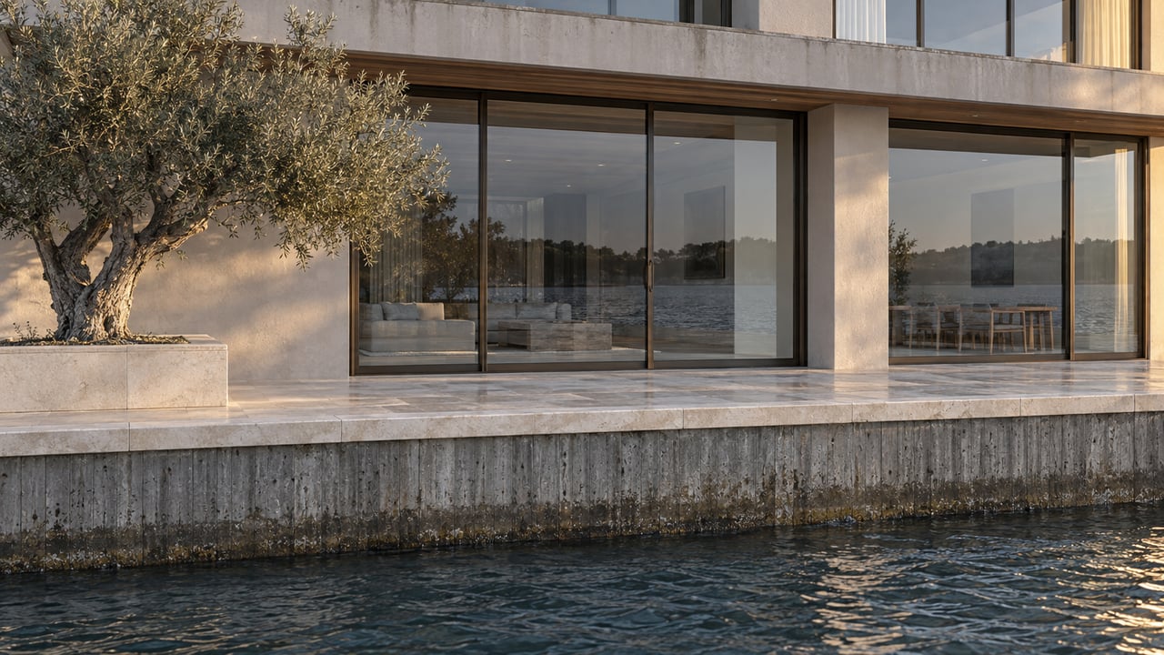 Contemporary waterfront home above a board-formed concrete seawall, with a limestone terrace and single olive tree.