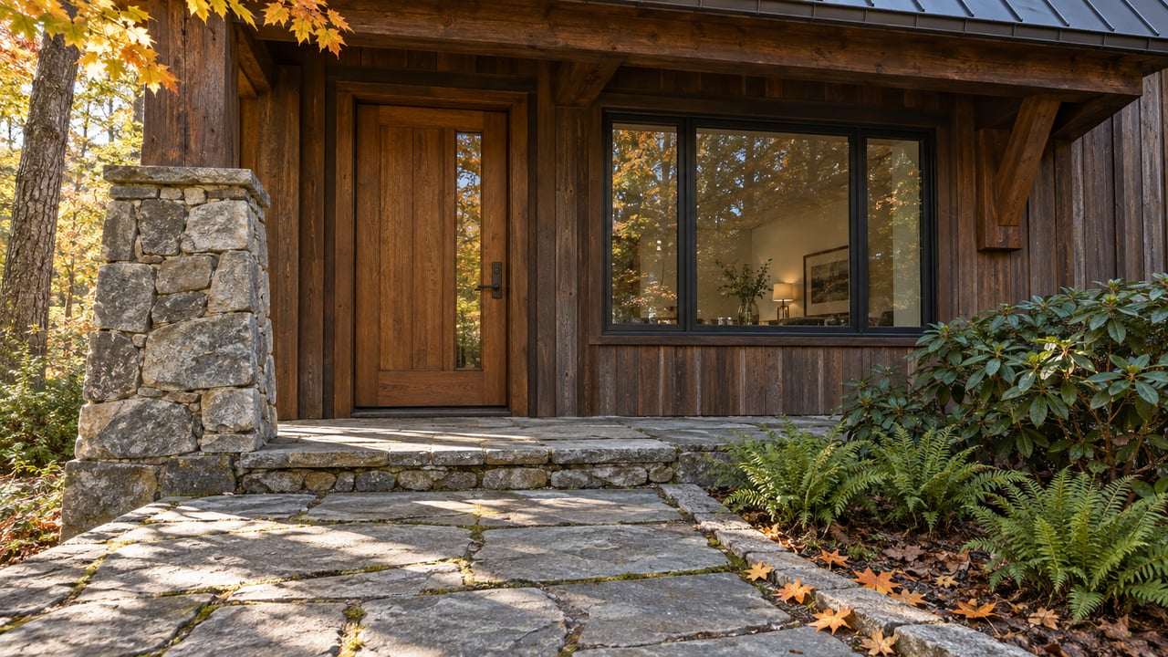 Rustic wood home entrance with stone steps and an autumn-leaf-lined path.