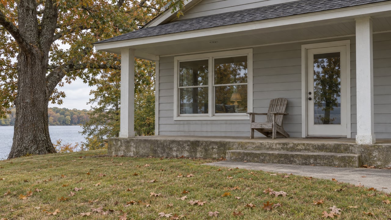 A modest light-gray house with a covered porch, worn concrete steps and a mature oak beside an autumn lawn.