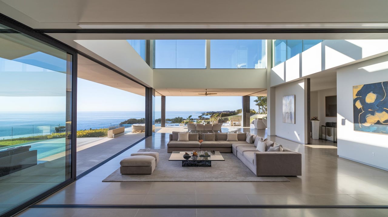 Modern oceanfront living room with floor-to-ceiling glass, sectional sofa, and blue abstract wall art.