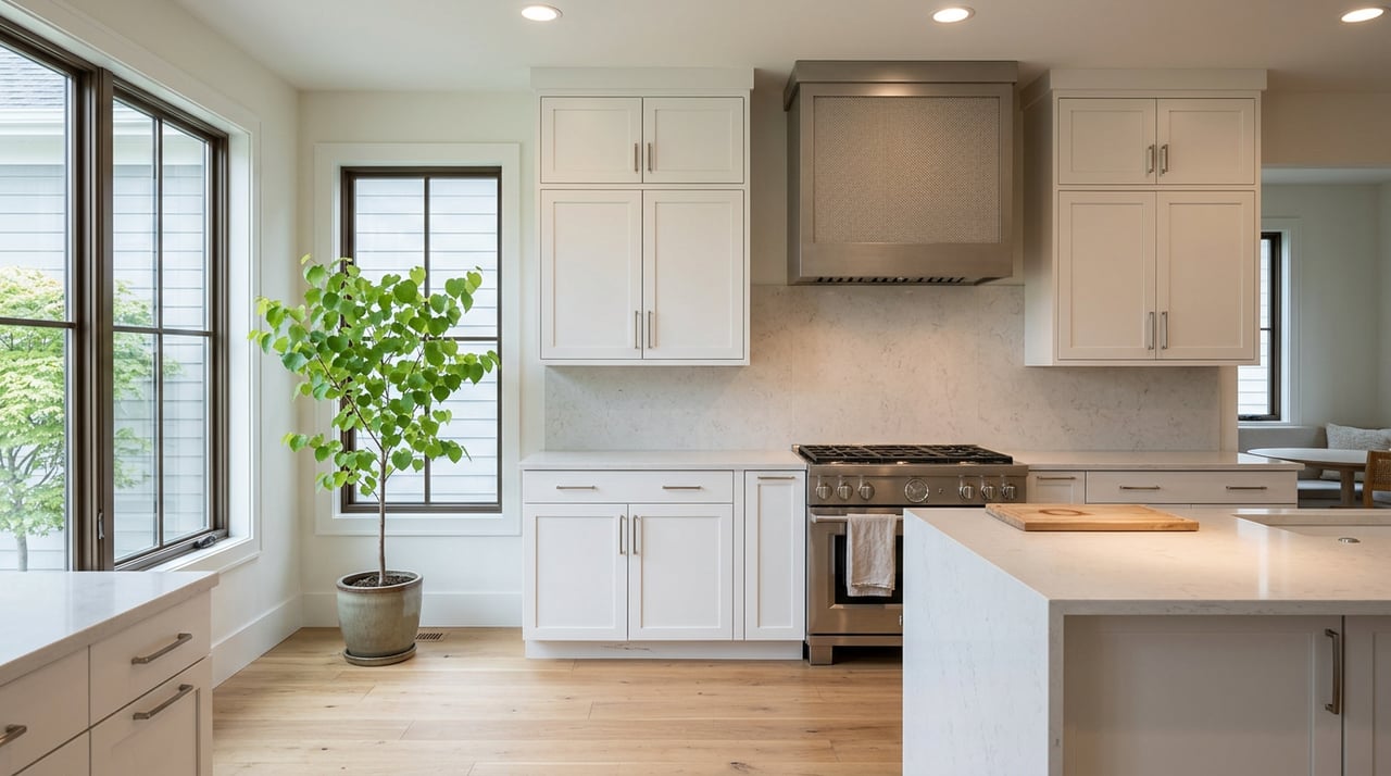 White shaker kitchen with a quartz island, stainless range, and a katsura tree visible through the window.