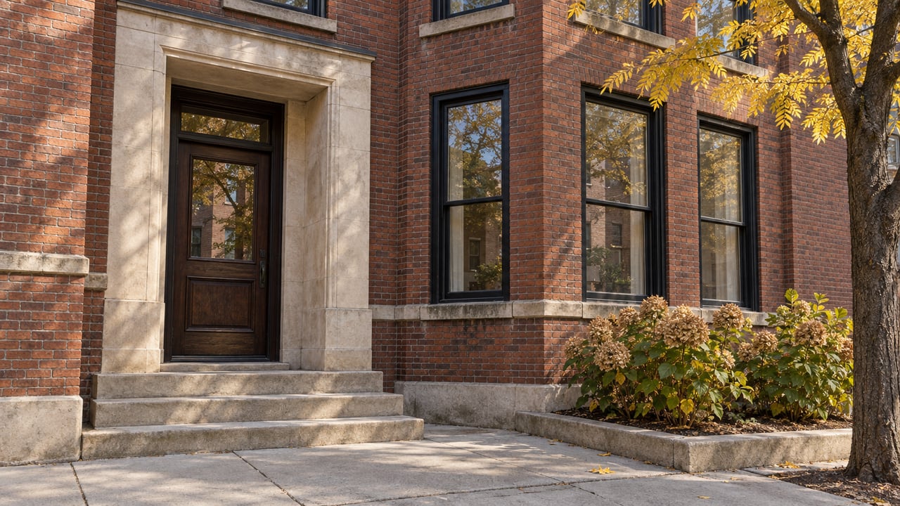 Sunlit red-brick residence with black-framed windows, a recessed limestone doorway and yellow autumn leaves beside the sidewalk.