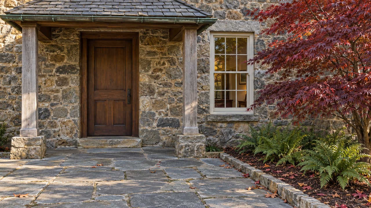 Sheltered oak entrance and divided-light window in a weathered fieldstone home, above a bluestone terrace edged by a burgundy Japanese maple.