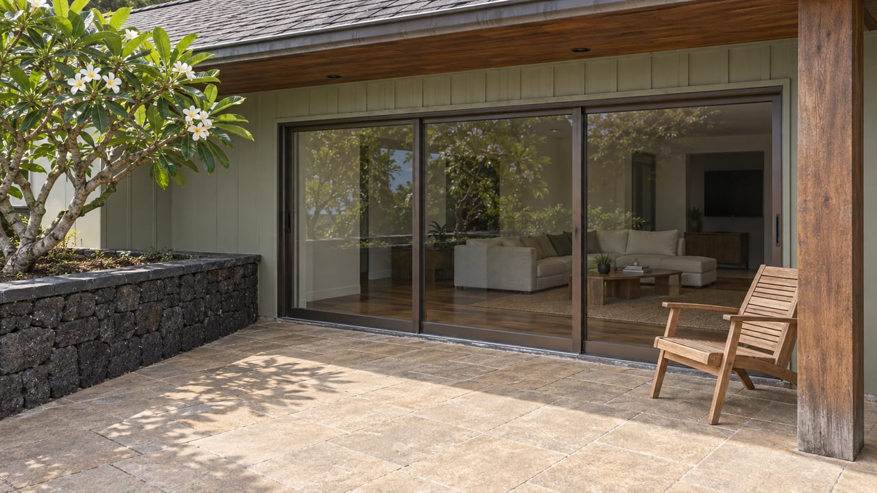 Covered lanai with tan paving, a weathered teak chair, closed bronze-framed sliding doors and a flowering plumeria in a raised lava-rock planter.