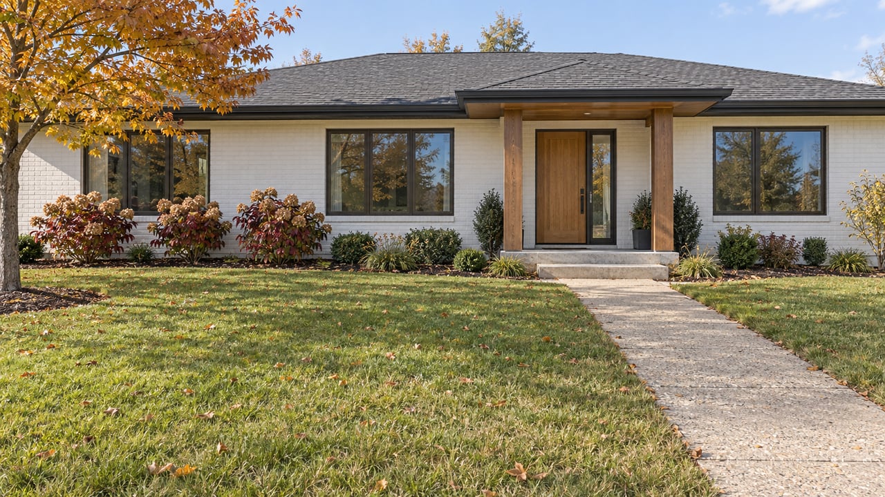 Renovated white brick home beyond a broad autumn lawn, with an oak entry door and oakleaf hydrangeas.