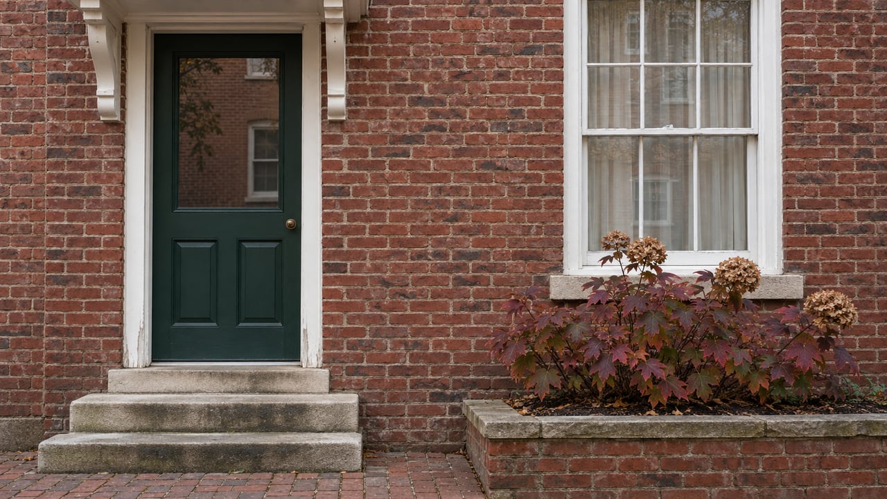 A green paneled door and white-trimmed sash window in an aged red-brick facade, with limestone steps and autumn oakleaf hydrangea.