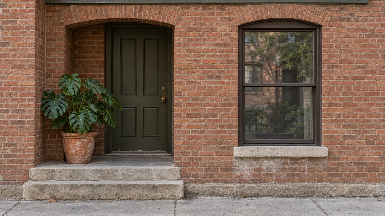 Olive timber door and tall window beneath brick arches, with a Monstera in a terracotta planter on the entry landing.