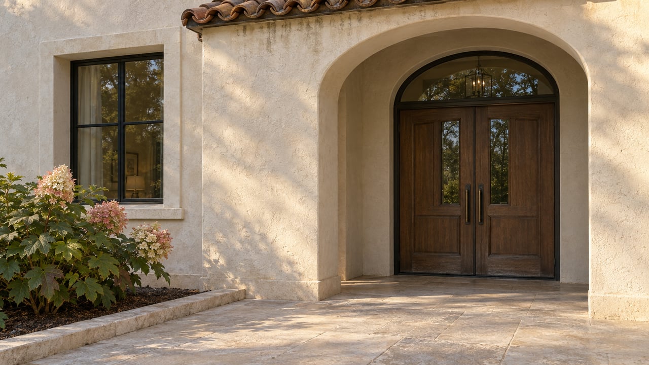Recessed arched walnut double entrance in ivory stucco, beside a black-framed window and oakleaf hydrangea, with a limestone approach.