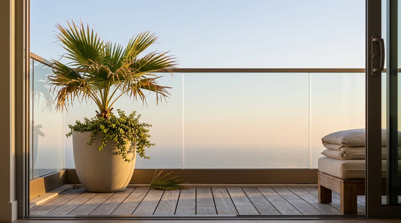 A fan palm and elephant bush in a concrete planter beside teak decking and a glass balcony railing.