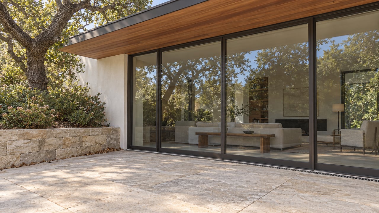 Hillside home with bronze-framed glass facade, limestone terrace, and oak tree rising beside a planted retaining wall.
