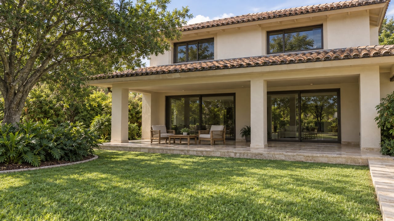 Warm stucco villa with terracotta roofs, bronze-framed glazing and a covered limestone terrace overlooking a deep green lawn and a spreading tree.