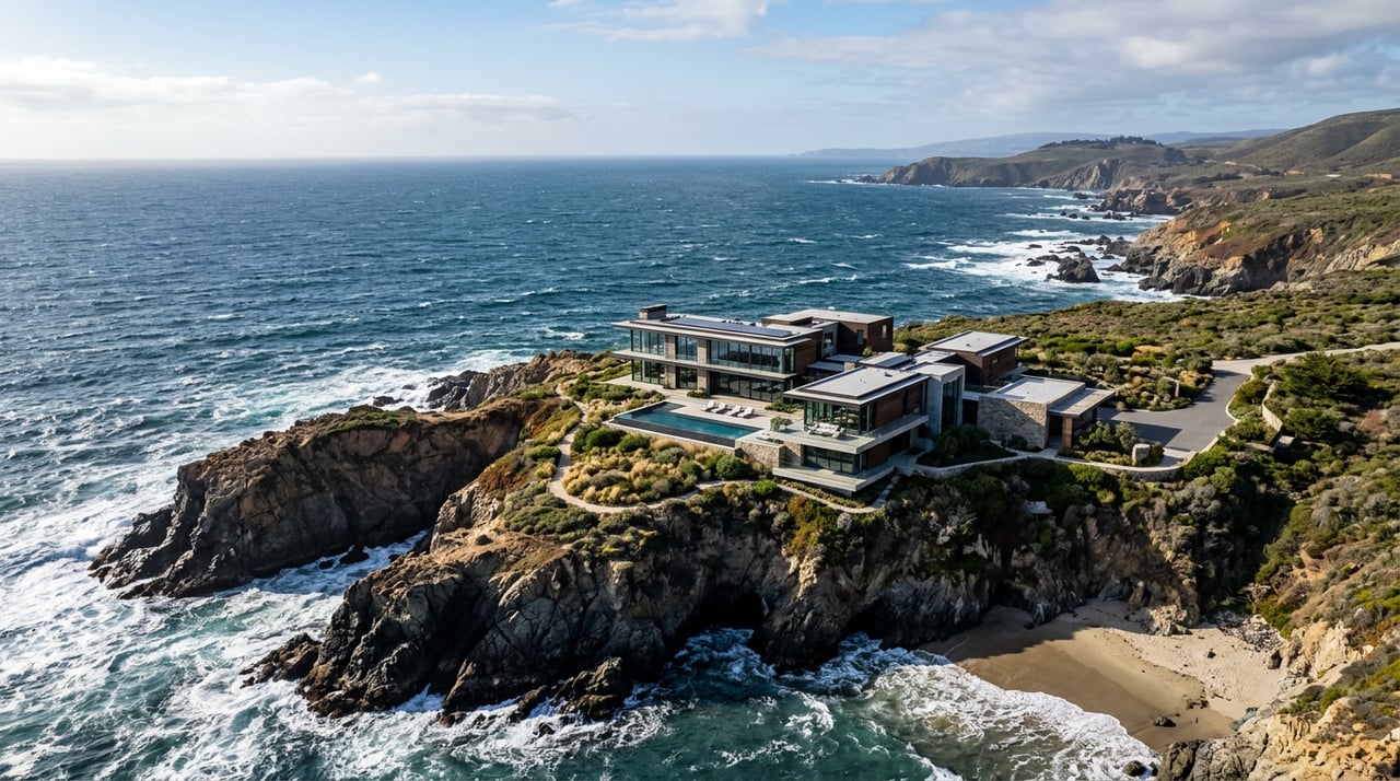 Modern coastal home and terrace overlooking calm water from a raised limestone outcrop.