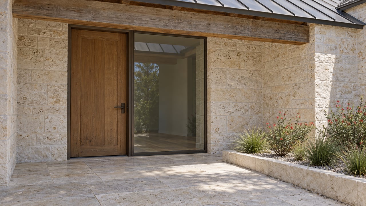 Low-angle view of a limestone home's covered entry, oak door, bronze-framed glazing and planted terrace edge.