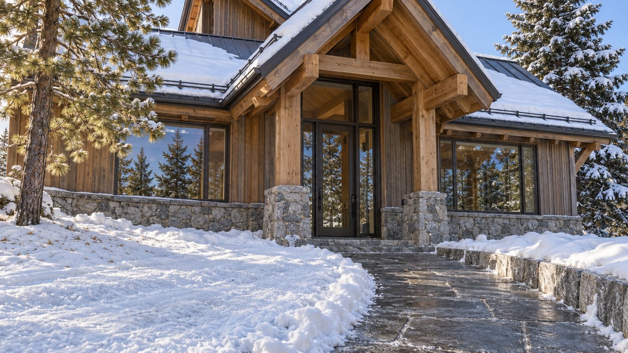 Snow-covered timber home with granite foundations, deep eaves and large windows beside two mature conifers.