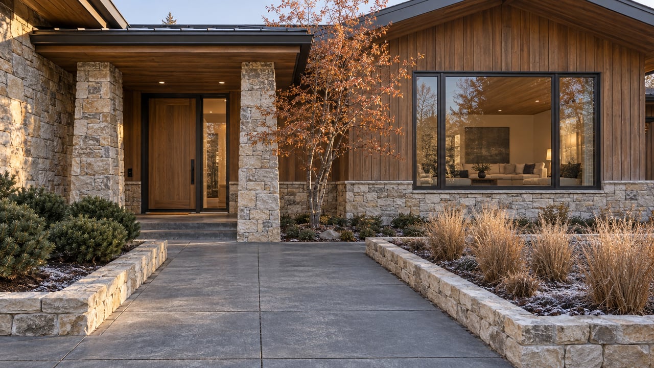 Autumn light on a stone-and-timber home with a sheltered oak entry, broad paving, and copper-leaved maple.