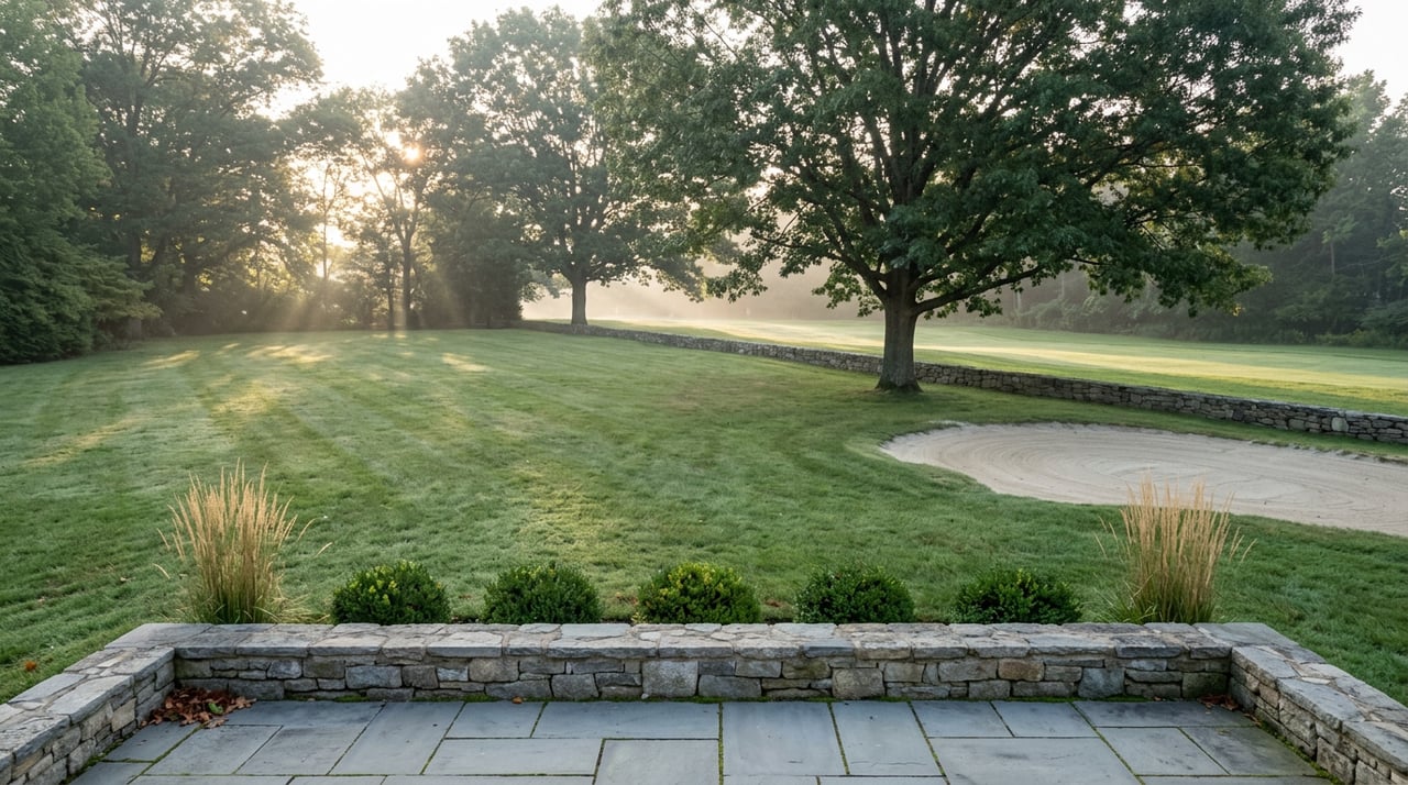 Dewy lawn slopes between fieldstone walls toward a sand bunker, framed by overlapping shade trees.