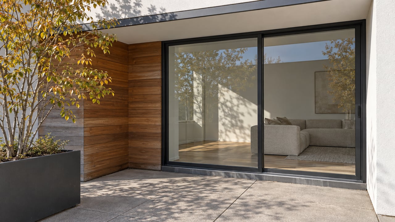 Contemporary residential terrace with weathered cedar, white stucco, closed black-framed glass doors, and a serviceberry in an amber-green autumn canopy.