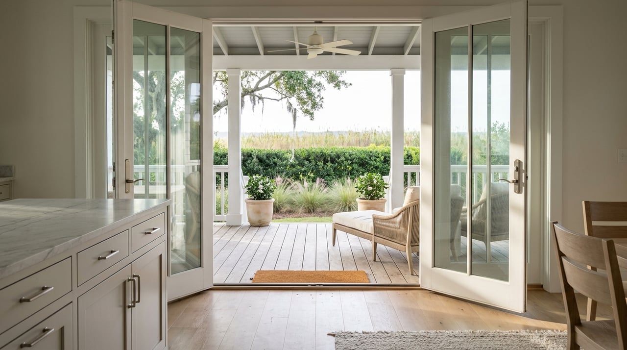 French doors frame a covered porch and marsh plantings in morning light.