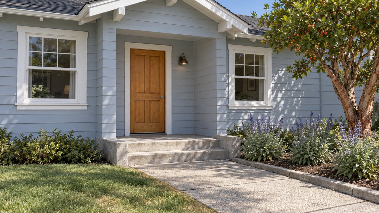 Blue-gray bungalow with white divided-lite windows, a wood entry door and a concrete approach beside a strawberry tree and flowering sage.